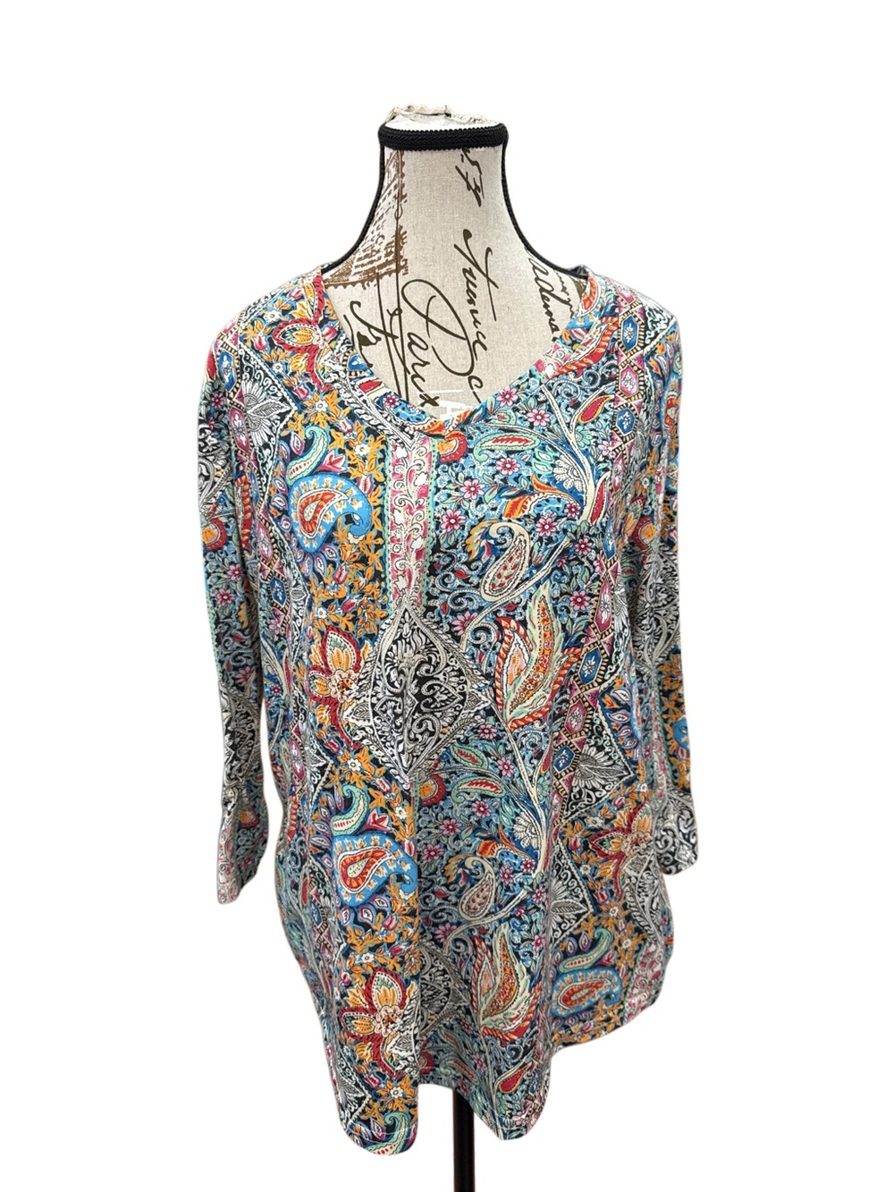 Women's Paisley V-Neck Long Sleeve Top - Multicolor, XL